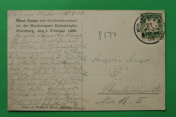 AK Nürnberg / 5. Februar 1909 / Neue Gasse / Grübelbrunnen / Geschäfte / Restauration zum Blauen Fluss / Hochwasser Katastrophe